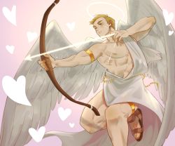 Rule 34 | 1boy, absurdres, akairosu, arrow (projectile), bara, bow (weapon), commentary, cupid, heart, highres, large pectorals, lynn angel, male focus, muscular, muscular male, nipples, pectorals, short hair, smile, solo, thighs, wansheng jie, weapon, wings