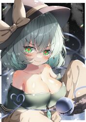 Rule 34 | 1girl, absurdres, black hat, blush, breasts, buttons, cleavage, closed mouth, collarbone, collared shirt, dfra, diamond button, frilled sleeves, frills, green eyes, green hair, hair between eyes, hat, hat ribbon, heart, heart-shaped pupils, heart of string, highres, komeiji koishi, large breasts, looking at viewer, ribbon, shirt, short hair, sleeves past fingers, sleeves past wrists, solo, symbol-shaped pupils, third eye, touhou, wide sleeves, yellow ribbon, yellow shirt