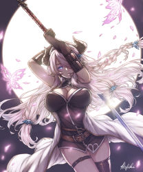 Rule 34 | 1girl, arms up, belt, black thighhighs, blue eyes, braid, breasts, bridal garter, brown belt, cleavage, curled horns, draph, full moon, granblue fantasy, hair ornament, hair over one eye, holding, holding sword, holding weapon, horns, ivris, katana, large breasts, light purple hair, looking at viewer, moon, narmaya (granblue fantasy), pointy ears, single braid, solo, sword, thighhighs, weapon