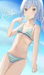 Rule 34 | 1other, bikini, blue hair, food, food in mouth, popsicle, popsicle in mouth, rimuru tempest, striped bikini, striped clothes, swimsuit, tensei shitara slime datta ken, yellow eyes