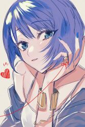 Rule 34 | 1girl, blue eyes, blue hair, blue nails, camisole, commentary, dark blue hair, fingernails, hand up, hatori naco, heart, kiritani haruka, looking at viewer, notice lines, parted lips, project sekai, short hair, simple background, solo, string, symbol-only commentary, upper body, white camisole
