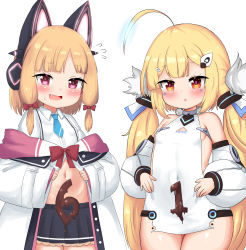 Rule 34 | 2girls, :d, :o, absurdres, ahoge, animal ear headphones, animal ears, azur lane, bailingxiao jiu, bare shoulders, black skirt, blonde hair, blue archive, blush, bow, breasts, cat ear headphones, cat ears, character name, chocolate, chocolate on body, clothes writing, collared shirt, commentary request, covered navel, crossover, detached sleeves, dress, dress shirt, eldridge (azur lane), fake animal ears, fang, flying sweatdrops, food on body, glowing, hair bow, hair ornament, hairclip, headphones, highres, jacket, long hair, long sleeves, low twintails, momoi (blue archive), multiple girls, navel, nervous smile, off shoulder, open clothes, open jacket, open mouth, parted lips, pleated skirt, puffy long sleeves, puffy sleeves, purple eyes, red bow, red eyes, shirt, simple background, skirt, sleeveless, sleeveless dress, sleeves past wrists, small breasts, smile, twintails, very long hair, white background, white dress, white jacket, white shirt, white sleeves, wide sleeves
