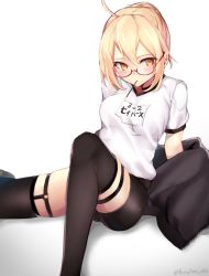 Rule 34 | 1girl, ahoge, artoria pendragon (fate), bike shorts, black jacket, black shorts, black thighhighs, blush, braid, breasts, fate/grand order, fate (series), food, french braid, glasses, gym shirt, hair between eyes, hair bun, highres, jacket, kano (kanokano44), knee up, looking to the side, medium breasts, mouth hold, mysterious heroine x alter (fate), mysterious heroine x alter (second ascension) (fate), name tag, off shoulder, open clothes, open jacket, pocky, red-framed eyewear, semi-rimless eyewear, shirt, shorts, simple background, single hair bun, sitting, solo, t-shirt, thighhighs, thighs, under-rim eyewear, white background, white shirt, yellow eyes