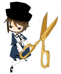 Rule 34 | 1girl, :&lt;, ankle lace-up, black footwear, black hat, black ribbon, blue capelet, blue shorts, blush stickers, brown hair, capelet, closed mouth, cross-laced clothes, cross-laced footwear, frills, full body, green eyes, hat, heterochromia, holding, holding scissors, holding weapon, jaggy lines, jumping, leg up, long sleeves, looking away, looking to the side, midair, narrowed eyes, neck ribbon, no nose, oekaki, oversized object, pantyhose, puffy shorts, purple eyes, ribbon, rozen maiden, scissors, shoes, short hair, shorts, simple background, solo, souseiseki, swept bangs, tomboy, top hat, tsurime, v-shaped eyebrows, weapon, white background, white pantyhose, wide sleeves, yukihi