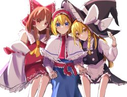 Rule 34 | 3girls, alice margatroid, apron, ascot, blonde hair, blue dress, blue eyes, blush, bow, braid, brown hair, capelet, commentary request, crossed bangs, detached sleeves, dress, expressionless, hair between eyes, hair bow, hair tubes, hakurei reimu, hat, hat bow, highres, holding hands, holding headgear, invisible chair, japanese clothes, jingai (k1bun), kirisame marisa, long hair, looking at viewer, miko, multiple girls, red bow, red eyes, ribbon-trimmed sleeves, ribbon trim, short hair, side braid, single braid, sitting, sketch, skirt, smile, touhou, waist apron, white apron, white background, white bow, wide sleeves, witch hat, yellow ascot