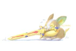 Rule 34 | animal focus, artist name, brown fur, closed eyes, commentary request, creatures (company), dog, game freak, gen 8 pokemon, legendary pokemon, nanami lusia, nintendo, no humans, pokemon, pokemon (creature), simple background, sword, tail, watermark, weapon, white background, yamper, zacian, zacian (crowned)