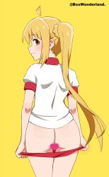 Rule 34 | absurdres, ahoge, ass, bocchi the rock!, box wonderland, buruma, buruma pull, censored, clothes pull, from behind, gym uniform, heart, heart censor, highres, ijichi nijika, long hair, looking at viewer, looking back, red eyes, shirt, side ponytail, smile, standing, t-shirt, twitter username, white shirt, yellow background