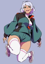 Rule 34 | 1girl, absurdres, aduti momoyama, airborne, ass, asticassia school uniform, blue eyes, breasts, dark-skinned female, dark skin, female focus, full body, green jacket, green shorts, grey footwear, grey hair, gundam, gundam suisei no majo, halter shirt, halterneck, head tilt, highres, jacket, looking at viewer, looking down, medium breasts, open clothes, open jacket, open mouth, secelia dote, shiny skin, shirt, shoes, short hair, shorts, simple background, smile, sneakers, solo, thick thighs, thighhighs, thighs, white shirt, white thighhighs, wide hips