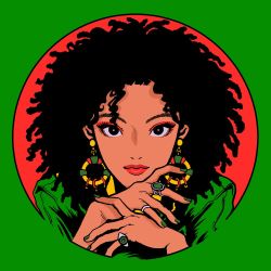 Rule 34 | 1girl, black eyes, black hair, border, circle, dark-skinned female, dark skin, earrings, eyeliner, green border, green nails, green shirt, hands up, jewelry, looking at viewer, makeup, minillustration, nail polish, original, red background, ring, shadow, shirt, simple background, solo