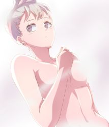 Rule 34 | 1girl, bare arms, belly, black clover, blush, breasts, censored, collarbone, colored skin, earrings, folded ponytail, highres, jewelry, jinguu (timaya), large breasts, long hair, navel, no bra, noelle silva, nude, purple eyes, silver hair, white background, white skin
