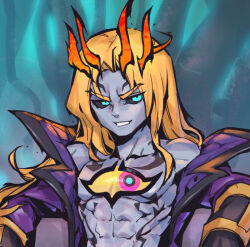 Rule 34 | 1boy, abs, black sclera, blonde hair, collarbone, colored sclera, colored skin, crown, eye tattoo, green eyes, grey background, grey skin, grin, jacket, league of legends, long hair, male focus, off shoulder, parted bangs, phantom ix row, purple jacket, smile, solo, soul fighter viego, teeth, upper body, viego (league of legends)