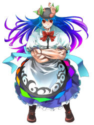 Rule 34 | 1girl, blue hair, crossed arms, extreme muscles, female focus, flexing, food, fruit, gradient hair, hat, hinanawi tenshi, long hair, multicolored hair, muscular, peach, purple hair, red eyes, ribbon, smile, solo, touhou, yazumi (yazzz), yzy