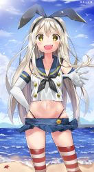 Rule 34 | &gt;:d, 10s, 1girl, :d, bad id, bad pixiv id, beach, black panties, blonde hair, blue sailor collar, crop top, day, elbow gloves, fang, gloves, h shai, hair between eyes, highleg, highleg panties, highres, kantai collection, long hair, ocean, open mouth, panties, sailor collar, shimakaze (kancolle), sleeveless, smile, solo, striped clothes, striped thighhighs, thighhighs, underwear, v-shaped eyebrows, white gloves, yellow eyes