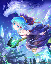 Rule 34 | 1girl, bare shoulders, blue eyes, blue hair, bridal gauntlets, dragon&#039;s shadow, hair ornament, hairclip, highres, looking at viewer, matching hair/eyes, official art, original, pointy ears, smile, solo, staff, virus (obsession)