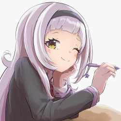 Rule 34 | 1girl, ;), absurdres, black hairband, black jacket, blush, closed mouth, female focus, grey background, greyscale, hairband, highres, hilamaru, holding, holding pencil, hololive, jacket, long hair, long sleeves, looking at viewer, monochrome, murasaki shion, one eye closed, pencil, school uniform, shirt, simple background, smile, solo, upper body, virtual youtuber, white shirt