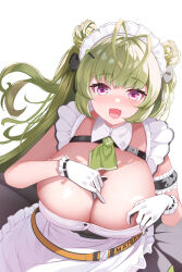 Rule 34 | 1girl, antenna hair, apron, black dress, breasts, dress, fang, gloves, goddess of victory: nikke, green hair, highres, huge breasts, long hair, looking at viewer, maid, maid headdress, open mouth, pink eyes, simple background, skin fang, smile, soda (nikke), solo, white apron, white background, white gloves, yuruto