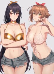 2girls adjusting_hair alternate_costume bikini bikini_top_only black_hair bow_hairband breasts brown_hair cleavage commentary_request crossed_arms denim denim_shorts front-tie_bikini_top front-tie_top gold_bikini gold_choker green_eyes grey_background hair_between_eyes hairband halterneck highres kantai_collection kasumi_(skchkko) large_breasts long_hair looking_at_viewer multiple_girls mutsu_(kancolle) nagato_(kancolle) navel parted_lips puckered_lips red_eyes red_hairband short_hair shorts simple_background smile swimsuit white_bikini