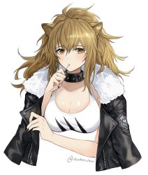 Rule 34 | 1girl, absurdres, animal ears, arknights, black choker, black jacket, black nails, blonde hair, blush, breasts, candy, choker, cleavage, commentary, eyelashes, food, hair between eyes, highres, holding, holding candy, holding food, holding lollipop, jacket, jacket on shoulders, large breasts, lion ears, lollipop, long hair, looking at viewer, nail polish, open clothes, open jacket, siege (arknights), simple background, solo, studded choker, symbol-only commentary, tank top, twitter username, upper body, usatorii, white background, white tank top, yellow eyes