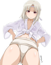 Rule 34 | 10s, 1girl, blush, brave witches, brown eyes, edytha rossmann, from below, front-tie top, fundoshi, grey hair, hachimaki, hands on own hips, headband, japanese clothes, looking down, mizu happi, nejiri hachimaki, shirt, short hair, simple background, solo, strike witches, tied shirt, world witches series, youkan