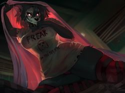 Rule 34 | animal ears, bed, black fur, black hair, black sclera, blanket, blouse, breasts, clothes writing, collar, colored sclera, dark, english text, furry, furry female, glowing, glowing eyes, night, on bed, scp-1471, scp foundation, sharp teeth, shirt, short hair, skeleion, skull, smile, socks, spiked collar, spikes, striped, striped legwear, teeth, underwear, white eyes, white shirt, wolf ears, wolf girl