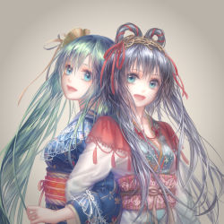 Rule 34 | 2girls, aqua eyes, aqua hair, back-to-back, blue eyes, blue kimono, chinese commentary, commentary request, grey background, grey hair, hair between eyes, hair ornament, hair ribbon, hair rings, hatsune miku, japanese clothes, kimono, locked arms, long hair, long sleeves, looking at viewer, luo tianyi, mayoimayoi, multiple girls, obi, open mouth, print kimono, red ribbon, ribbon, sash, short hair with long locks, smile, twintails, upper body, very long hair, vocaloid, vocanese, white kimono