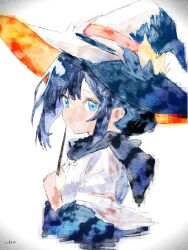 Rule 34 | 1girl, absurdres, black hair, black scarf, blue eyes, commentary request, faux traditional media, from side, hat, highres, holding, holding wand, looking at viewer, one-hour drawing challenge, original, profile, scarf, signature, solo, upper body, wakaruwa, wand, watercolor effect, witch hat
