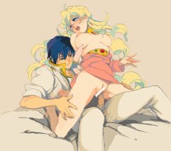 Rule 34 | 00s, 1boy, 1girl, bad id, bad pixiv id, bed, blue eyes, blue hair, breasts, censored, clothes pull, dress pull, face, girl on top, hetero, kanke (yonkuma), kneeling, long hair, multicolored hair, nia teppelin, nipples, no panties, penis, reverse cowgirl position, sex, sex from behind, simon (ttgl), straddling, tengen toppa gurren lagann, two-tone hair, unzipped, vaginal