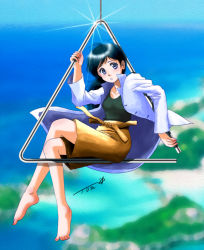 Rule 34 | 1girl, bare legs, barefoot, black hair, black shirt, blue eyes, brown shorts, chutohampa, coat, glint, hand up, highres, instrument, crossed legs, long hair, long sleeves, original, parted lips, ponytail, shirt, shirt tucked in, shorts, signature, solo, triangle (instrument), white coat