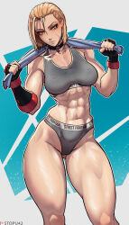 Rule 34 | 1girl, abs, absurdres, biceps, blue eyes, cammy white, fingerless gloves, gloves, gluteal fold, hair slicked back, highres, looking to the side, muscular, muscular arms, muscular female, muscular legs, nde hair, quads, scar, scar on face, short hair, sports bra, sports panties, stopu, street fighter, street fighter 6, sweat, thick thighs, thighs, toned, towel, towel around neck, underwear