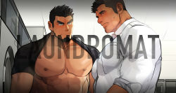 Rule 34 | 2boys, bara, bare pectorals, beard, black eyes, black hair, black shirt, breath, clothes lift, facial hair, forked eyebrows, formal, from side, indoors, large pectorals, laundry, looking at another, male focus, multiple boys, muscular, muscular male, original, paid reward available, pectorals, paid reward available, salaryman, shirt, shirt behind neck, shirt lift, short hair, sleeves rolled up, spiked hair, stubble, sweatdrop, tarutoru, tight clothes, tight shirt, undercut, upper body, washing machine, watermark, white shirt, yaoi