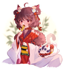 Rule 34 | 1girl, ahoge, animal ears, blurry, blurry background, blush, brown hair, cat ears, choker, clenched hand, covered mouth, dango, food, hair ornament, hakuto kinkinko, highres, holding, holding food, ichihime, japanese clothes, kimono, long sleeves, mahjong soul, obi, red kimono, red ribbon, ribbon, sash, solo, teeth, upper teeth only, wagashi, wide sleeves