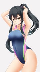 Rule 34 | 1girl, black hair, blue one-piece swimsuit, brown eyes, competition swimsuit, cowboy shot, fuuma nagi, grey background, grey one-piece swimsuit, highleg, highleg swimsuit, kantai collection, long hair, one-piece swimsuit, ponytail, scrunchie, sidelocks, solo, swimsuit, yahagi (kancolle)