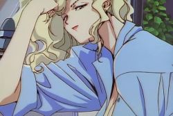 Rule 34 | 1990s (style), animated, animated gif, blonde hair, blouse, bouncing breasts, breasts, brown eyes, golden boy, tucking hair, hand in own hair, kawamoto toshihiro, large breasts, lipstick, long hair, looking at viewer, makeup, nail polish, no bra, onna shachou, open clothes, open shirt, retro artstyle, seductive smile, shirt, smile, window