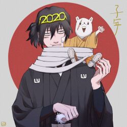 Rule 34 | 1boy, bags under eyes, black hair, black kimono, boku no hero academia, closed mouth, eraser head (boku no hero academia), eyewear on head, facial hair, japanese clothes, kimono, long sleeves, looking at viewer, male focus, mustache, nezu (boku no hero academia), number glasses, open mouth, orange kimono, pawpads, polearm, ponytail, red sun, rnuyvm, scar, scar across eye, scarf, sitting on shoulder, spear, waving, weapon, white scarf, wide sleeves, yellow-framed eyewear