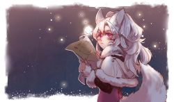 Rule 34 | 1girl, :&lt;, animal ears, blush, capelet, coat, from side, fur trim, holding, holding map, long sleeves, looking up, map, mesme, night, original, pink eyes, snowing, solo, tail, upper body, white capelet, white hair, winter clothes, winter coat, wolf ears, wolf tail