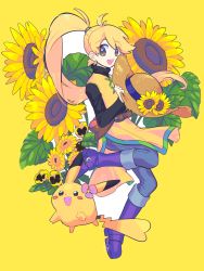 Rule 34 | 1girl, :d, belt, black shirt, blonde hair, boots, brown belt, brown eyes, brown headwear, commentary, creatures (company), flower, game freak, gen 1 pokemon, grey pants, hat, hat flower, highres, holding, holding clothes, holding hat, kamota (momokomati), leg up, long hair, looking at viewer, nintendo, open mouth, pants, pikachu, pokemon, pokemon (creature), pokemon adventures, ponytail, purple footwear, shirt, smile, straw hat, sunflower, symbol-only commentary, teeth, tongue, tunic, unworn hat, unworn headwear, upper teeth only, yellow (pokemon)