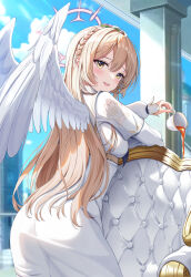 Rule 34 | 1girl, absurdres, angel wings, ass, blue archive, blue sky, blurry, blurry background, blush, braid, breasts, chair, crown braid, cup, day, dress, feathered wings, flower, hair flower, hair ornament, halo, highres, holding, holding cup, kesa pasa, light brown hair, long hair, looking at viewer, looking back, nagisa (blue archive), outdoors, sky, small breasts, smile, solo, sweatdrop, tea, teacup, very long hair, white dress, white flower, white wings, wings, yellow eyes