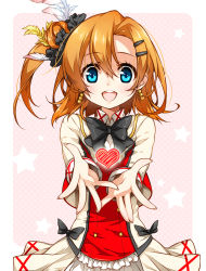 Rule 34 | 10s, 1girl, :d, blue eyes, blush, earrings, hair ornament, hairclip, heart, highres, jewelry, kosaka honoka, looking at viewer, love live!, love live! school idol project, open mouth, orange hair, pink background, polka dot, polka dot background, reina (black spider), short hair, side ponytail, smile, star (symbol)