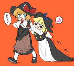 Rule 34 | apron, black capelet, black eyes, black footwear, black gloves, black headwear, black skirt, black vest, blonde hair, blue bow, blue eyes, blush, blush stickers, bow, braid, bright pupils, brown apron, bseibutsu, buttons, capelet, cookie (touhou), elbow gloves, full body, gloves, hands on another&#039;s shoulders, hat, hat bow, kirisame marisa, long sleeves, looking at another, mary janes, meguru (cookie), musical note, open mouth, orange background, pantyhose, purple bow, red bow, shoes, short hair, simple background, single braid, skirt, sleeves past fingers, sleeves past wrists, spoken musical note, touhou, translation request, vest, waist apron, walking, white pantyhose, white pupils, witch hat, yuuhi (cookie)