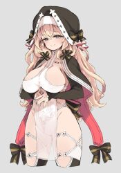 Rule 34 | 1girl, black bow, black eyes, black headwear, blonde hair, bow, breasts, closed mouth, cropped legs, grey background, hair between eyes, highres, large breasts, long hair, long sleeves, looking at viewer, mota, original, revealing clothes, see-through, simple background, smile, solo, thighhighs
