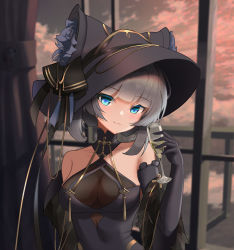Rule 34 | 1girl, absurdres, animal ears, azur lane, bare shoulders, black dress, black gloves, black headwear, blue eyes, breasts, champagne flute, cheshire (azur lane), cheshire (cait sith crooner) (azur lane), china dress, chinese clothes, cleavage, cleavage cutout, clothing cutout, cup, dress, drinking glass, elbow gloves, fake animal ears, fang, feather boa, fedora, flower, gloves, grey hair, hat, hat flower, highres, indoors, large breasts, long hair, looking at viewer, medium breasts, official alternate costume, see-through, see-through cleavage, sleeveless, sleeveless dress, upper body, yibanmaotou