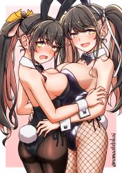 Rule 34 | 2girls, absurdres, animal ears, black hair, black leotard, black pantyhose, blush, breasts, cleavage, detached collar, dual persona, fake animal ears, fake tail, fang, fishnet pantyhose, fishnets, highres, kantai collection, large breasts, leotard, long hair, multicolored hair, multiple girls, naganami (kancolle), naganami kai ni (kancolle), namaata, open mouth, pantyhose, pink hair, playboy bunny, ponytail, rabbit ears, rabbit tail, smile, strapless, strapless leotard, tail, twintails, wrist cuffs, yellow eyes