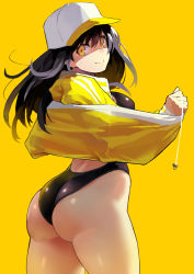Rule 34 | 1girl, ass, black hair, black one-piece swimsuit, closed mouth, commentary request, competition swimsuit, from behind, hat, highres, jacket, kekemotsu, long hair, looking at viewer, looking back, one-piece swimsuit, original, simple background, smile, solo, swimsuit, thighs, wedgie, white hat, yellow background, yellow eyes, yellow jacket