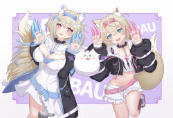 Rule 34 | 2girls, :3, :d, animal ear fluff, animal ears, belt, black jacket, blonde hair, blue belt, blue eyes, blue hair, blue nails, breasts, cropped jacket, cropped shirt, dog ears, dog girl, dog tail, dress, fake claws, fangs, flat chest, frilled shorts, frills, fur-trimmed jacket, fur trim, fuwawa abyssgard, fuwawa abyssgard (1st costume), highres, hololive, hololive english, jacket, large breasts, long hair, looking at viewer, medium hair, midriff, mococo abyssgard, mococo abyssgard (1st costume), multicolored hair, multiple girls, navel, open mouth, perroccino (fuwamoco), pink belt, pink eyes, pink hair, pink nails, shoes, short shorts, shorts, siblings, single fishnet legwear, sisters, skin fangs, smile, sneakers, streaked hair, tail, twins, virtual youtuber, white dress, white footwear, white shorts, yoshi yubisashi