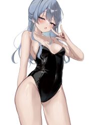 Rule 34 | 1girl, :o, \m/, alternate breast size, bare arms, bare legs, bare shoulders, black leotard, blue eyes, blue hair, blush, breasts, collarbone, covered navel, fang, hair between eyes, hand up, highleg, highleg leotard, highres, hololive, hoshimachi suisei, leotard, long hair, looking at viewer, medium breasts, playboy bunny, simple background, skin fang, solo, strapless, strapless leotard, thighs, virtual youtuber, white background, ya ta