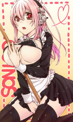 Rule 34 | 1girl, alternate costume, apron, blush, bra, breastless clothes, breasts, enmaided, female focus, frills, headphones, large breasts, long hair, looking at viewer, maid, maid apron, maid headdress, nipple slip, nipples, nitroplus, open mouth, pink hair, potato (oriha94), red eyes, skirt, solo, super sonico, underwear