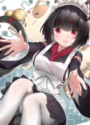 Rule 34 | 1girl, :d, absurdres, animal ears, apron, azur lane, bell, black hair, blunt bangs, cat, cat ears, cat tail, commentary request, cotton kanzaki, fangs, highres, jingle bell, light blush, long sleeves, looking at viewer, maid headdress, mismatched eyebrows, open mouth, outstretched arms, pantyhose, red eyes, short hair, skin fangs, smile, solo, tail, tail bell, tail ornament, white apron, white pantyhose, wide sleeves, yamashiro (azur lane), yamashiro (sales clerk offensive?!) (azur lane)