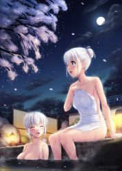 Rule 34 | 2girls, :d, ^ ^, arm at side, bathing, blush, breasts, brown eyes, building, character request, cherry blossoms, cleavage, closed eyes, cloud, collarbone, covering privates, dated, fence, full moon, hair bun, hair ornament, lantern, large breasts, miyai sen, moon, multiple girls, night, night sky, nude, nude cover, onsen, open mouth, original, outdoors, partially submerged, petals, profile, ripples, rock, short hair, sidelocks, sideways mouth, single hair bun, sitting, sky, small breasts, smile, soaking feet, spring (season), tareme, water, wet, white hair, yozakura (senran kagura)