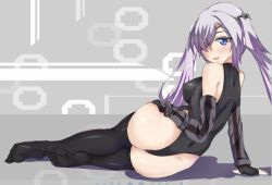 Rule 34 | 1girl, a-m, arm support, ass, bad id, bad pixiv id, bare shoulders, black leotard, black thighhighs, blue eyes, covered erect nipples, detached sleeves, eyepatch, fingerless gloves, full body, gloves, hair over one eye, hetzer (panzer waltz), impossible clothes, impossible leotard, leotard, looking at viewer, looking back, lying, on side, open mouth, panzer waltz, silver hair, smile, solo, thighhighs, twintails