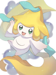 Rule 34 | animal focus, artist name, colored skin, commentary request, creatures (company), facial mark, floating, game freak, gen 3 pokemon, green eyes, highres, iwasi 29, jirachi, legendary pokemon, mythical pokemon, nintendo, no humans, pokemon, pokemon (creature), tanzaku, twitter username, white background, white skin